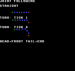 chain_body_init: NTSC — 画像は上から直線、下向きへ曲がって1回更新、4回更新の姿です。座標を2倍に拡大して描き、右端の頭から曲がりが後ろへ伝わります。CGB・FCでは頭が赤、胴が青、尾が緑、DMGでは黒です。成長時に重ねた尾を4回の更新で離してから比較しています。画像は同じ8節を3時点で並べたもので、24節の1本の鎖ではありません。