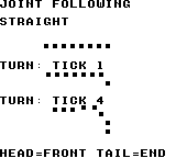 chain_body_init: DMG — 画像は上から直線、下向きへ曲がって1回更新、4回更新の姿です。座標を2倍に拡大して描き、右端の頭から曲がりが後ろへ伝わります。CGB・FCでは頭が赤、胴が青、尾が緑、DMGでは黒です。成長時に重ねた尾を4回の更新で離してから比較しています。画像は同じ8節を3時点で並べたもので、24節の1本の鎖ではありません。