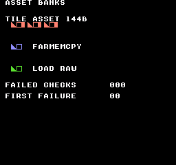 __farmemcpy: SUROM512 — FC画面の(16,64)にある青い三角形と正方形の枠は__farmemcpyでコピーした絵柄です。その下の(16,96)にある緑の組はasset_load_rawの結果です。黒地の各組は16×8ピクセルで、コピー後にCHR RAMへ転送して表示します。