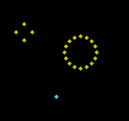 danmaku_reset: DEFAULT — 左側の黄色い4発は中心(48,64)から上下左右へ16ピクセル移動した単発弾です。右側の黄色い16発は中心(160,104)から約32ピクセル広がった円形弾です。水色の自機は(112,192)で、OAMスロット0を予約しています。画像は16回の更新後に止めてあります。