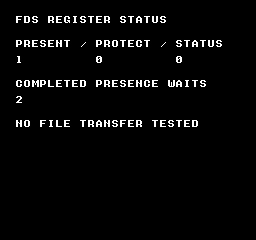 __fds_disk_ready: STATUS-FDS-DEFAULT — PRESENT / PROTECT / STATUSの下に1 / 0 / 0、COMPLETED PRESENCE WAITSの下に2が出ます。二つの待機関数が戻ったことを示し、ファイル転送の成功表示ではありません。最下部にもNO FILE TRANSFER TESTEDと表示します。