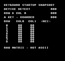 __fkb_detect: KEYBOARD-DEFAULT — このKUROSAKI実行ではDEVICE DETECT、ROW 6 COL 0、A KEY - GUARDEDがすべて000、9行のCOL0/COL1がすべて00です。Aは行6・列0のビット4ですが、未検出時は生値0を押下と扱わず、表示も000に保ちます。表は起動時の一度の採取結果です。