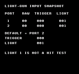__zapper_light: ZAPPER-DEFAULT — KUROSAKIでは両ポートともRAW=00、TRIGGER=000、LIGHT=001です。番号なし関数もポート2と同じ000/001になります。LIGHT=001は未モデル化の入力ビット3が0だからで、画面の光を検知した証拠ではありません。画面下にも「LIGHT 1 IS NOT A HIT TEST」と表示します。