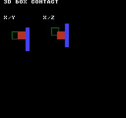 kq3d_world_init: NTSC — 左はX/Y正面図、右はX/Z上面図です。緑の枠が初期位置(24,24,16)、赤い箱が1刻み後の(36,24,24)、青い領域が固定障害物です。X速度16は−14へ反発し、Z速度8は保持します。衝撃値は16ですが、break_speed=1でもflagsは0です。図の原点は画面(8,48)と(88,48)です。