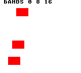Raster_Clear: CGB — 赤い矩形（DMGでは黒）が上から(32,16)、(24,80)、(16,112)へ並びます。幅24・高さ16で、下の段ほど左へずれます。表の個数3、エラー0、Commitの戻り値0を内部で記録しています。