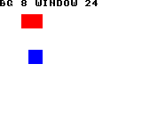 Raster_PushBgWindowScreen: CGB — 背景X=8により赤い背景矩形が(24,16)へ移ります。ウィンドウ左上は(24,48)で、青い矩形は(32,56)のままです。背景とウィンドウの座標系が独立していることが分かります。