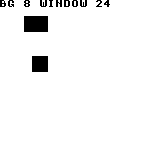 Raster_PushBgWindowScreen: DMG — 背景X=8により赤い背景矩形が(24,16)へ移ります。ウィンドウ左上は(24,48)で、青い矩形は(32,56)のままです。背景とウィンドウの座標系が独立していることが分かります。