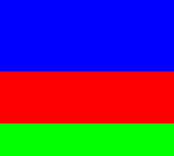 Raster_PushBgColor0: CGB — CGB通常速度の検証画像では、上から行0～65が青、66～113が赤、114～143が緑です。予約LYは0・64・112で、割り込み処理とパレット待ちによる遅延が画面境界に含まれます。DMG版のカラー表示はありません。
