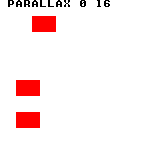 Raster_BuildParallax2: CGB — 64行目でXを0から16へ切り替えます。上の矩形は(32,16)、下の2個は(16,80)と(16,112)となり、下側だけ16ピクセル左へ動きます。