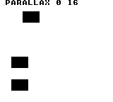 Raster_BuildParallax2: DMG — 64行目でXを0から16へ切り替えます。上の矩形は(32,16)、下の2個は(16,80)と(16,112)となり、下側だけ16ピクセル左へ動きます。