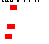 Raster_BuildParallax3: CGB — 64行目と104行目でXを0→8→16へ切り替えます。矩形は(32,16)、(24,80)、(16,112)へ段階的に左へずれ、3段の差が見えます。