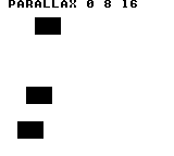 Raster_BuildParallax3: DMG — 64行目と104行目でXを0→8→16へ切り替えます。矩形は(32,16)、(24,80)、(16,112)へ段階的に左へずれ、3段の差が見えます。
