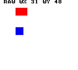 Raster_PushWindowRaw: CGB — WX=31、WY=48により、ウィンドウ左上は画面(24,48)です。青い16×16矩形はその中の(8,8)、つまり画面(32,56)に見えます。上の赤い背景矩形は(32,16)です。DMGではどちらも黒になります。