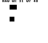 Raster_PushWindowRaw: DMG — WX=31、WY=48により、ウィンドウ左上は画面(24,48)です。青い16×16矩形はその中の(8,8)、つまり画面(32,56)に見えます。上の赤い背景矩形は(32,16)です。DMGではどちらも黒になります。