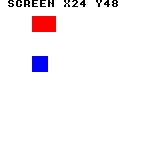 Raster_PushWindowScreen: CGB — 画面座標(24,48)を直接指定しても、青いウィンドウ矩形はRaw版と同じ画面(32,56)に表示されます。Xへの7の加算はライブラリが行います。上の赤い背景矩形は(32,16)です。
