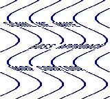 Raster_LineXGetOffset: CGB / frame 60 — 縦の柱の縁と文字が、横方向に±24ピクセル曲がります。64ラインで波が一周し、波の位相は1フレームごとに1ライン分進みます。CGBでは青い柱と文字になります。画面全体が同じ量だけ動くのではなく、各行の横位置が異なることを見てください。