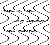 Raster_LineXGetOffset: DMG / frame 60 — 縦の柱の縁と文字が、横方向に±24ピクセル曲がります。64ラインで波が一周し、波の位相は1フレームごとに1ライン分進みます。CGBでは青い柱と文字になります。画面全体が同じ量だけ動くのではなく、各行の横位置が異なることを見てください。