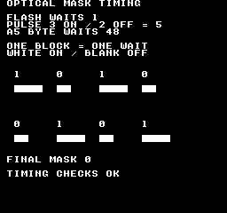 __rob_flash: NTSC — 実行後、FLASH WAITS 1、PULSE 3 ON / 2 OFF = 5、A5 BYTE WAITS 48と表示します。下の図は0xA5のビット列で、上段が1・0・1・0、下段が0・1・0・1です。1区画は1回の待機、白は描画有効、黒は無効を表します。ビット1は白4区画＋黒2区画、ビット0は白2区画＋黒4区画です。FINAL MASK 0とTIMING CHECKS OKが完了を示します。