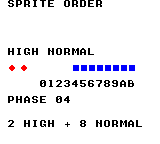 sprite_order_begin: CGB / PHASE 04 — このサンプルは、同じ走査線に14個を置いたときの表示選択を確認するものです。左のHIGHにある菱形2個が高優先度、右のNORMALの四角12個が通常優先度です。CGBでは菱形が赤、四角が青、DMGでは灰色と黒になります。菱形は常に2個とも表示され、四角は8個だけ表示されます。下の0～Bが四角の位置番号です。PHASE 04では4～B、PHASE 08では8～Bと0～3が見えます。通常ビルドは60回のフレーム待機ごとにPHASEを進めます。掲載画像は同じプログラムの位相を固定したもので、動作版でも表示する四角の変化を確認しています。