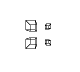DMG3D_DrawModel: CGB — 上段に等倍と半分のモデル、下段に同じ倍率の物体配列を描き、投影と倍率の関係を比較します。