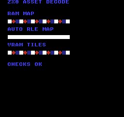 zx0_decompress: NTSC — 上段のRAM MAPには四角・ひし形・市松模様が順に並びます。中央のAUTO RLE MAPは16個の四角がつながった横棒です。下段のVRAM TILESは、VRAMへ展開した同じ3種類のタイルを並べます。CGBとFCでは四角が白、ひし形が赤、市松模様が青で、DMGでは濃淡になります。末尾のCHECKS OKは3回の展開が期待するサイズで成功したことを示します。