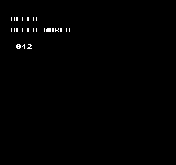 最初の文字表示: HELLO WORLDと042が表示されます。042は3桁にそろえた十進数42です。