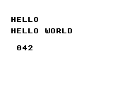 最初の文字表示: HELLO WORLDと042が表示されます。042は3桁にそろえた十進数42です。
